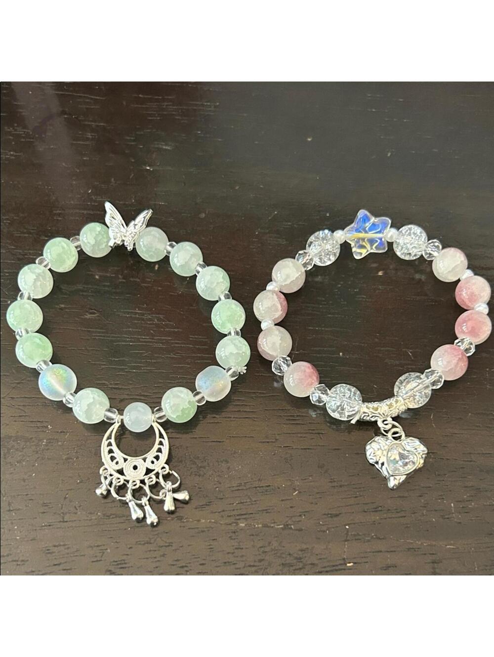 Elegant Silver and Green Beaded Bracelet Set